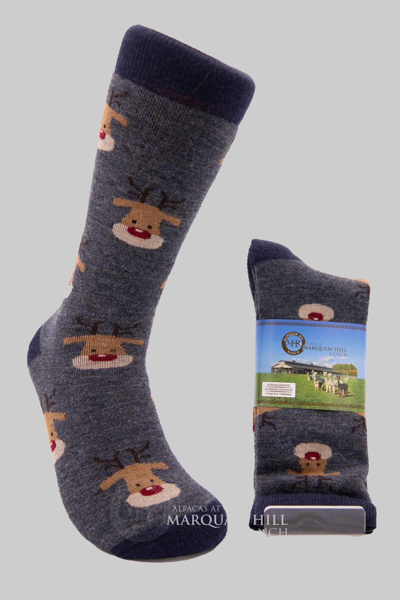 56% Alpaca Reindeer Holiday Crew-Denim/Navy - Alpacas at Marquam Hill Ranch LLC