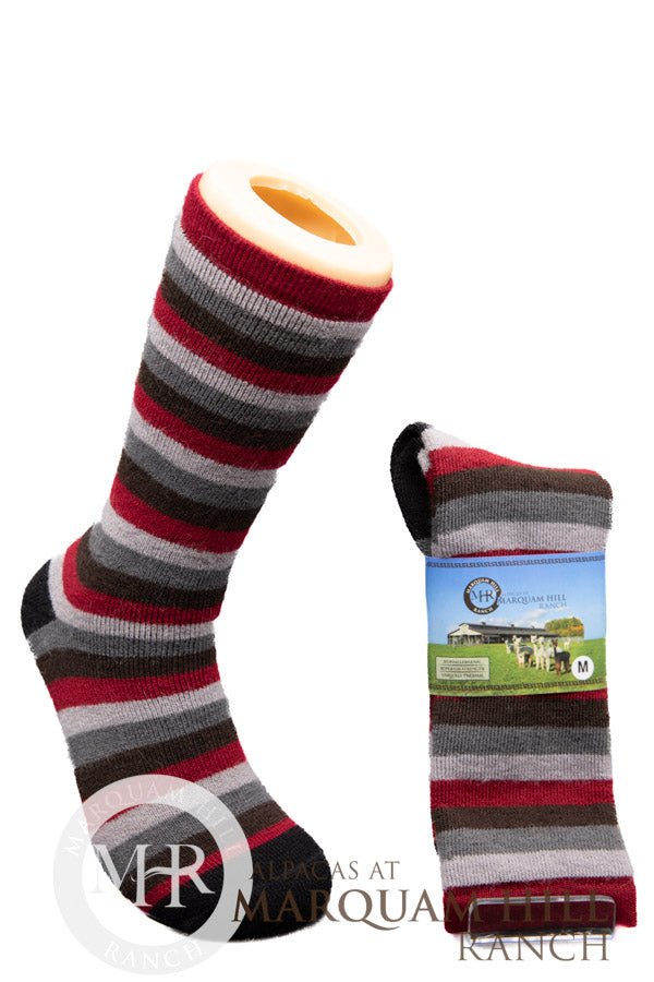 62% Alpaca MHR Striped Sock-Burgundy-Blk - Alpacas at Marquam Hill Ranch