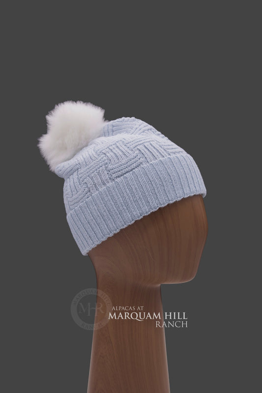 Brittany Fur Pom Pom Alpaca Hat-Baby Blue - Alpacas at Marquam Hill Ranch LLC